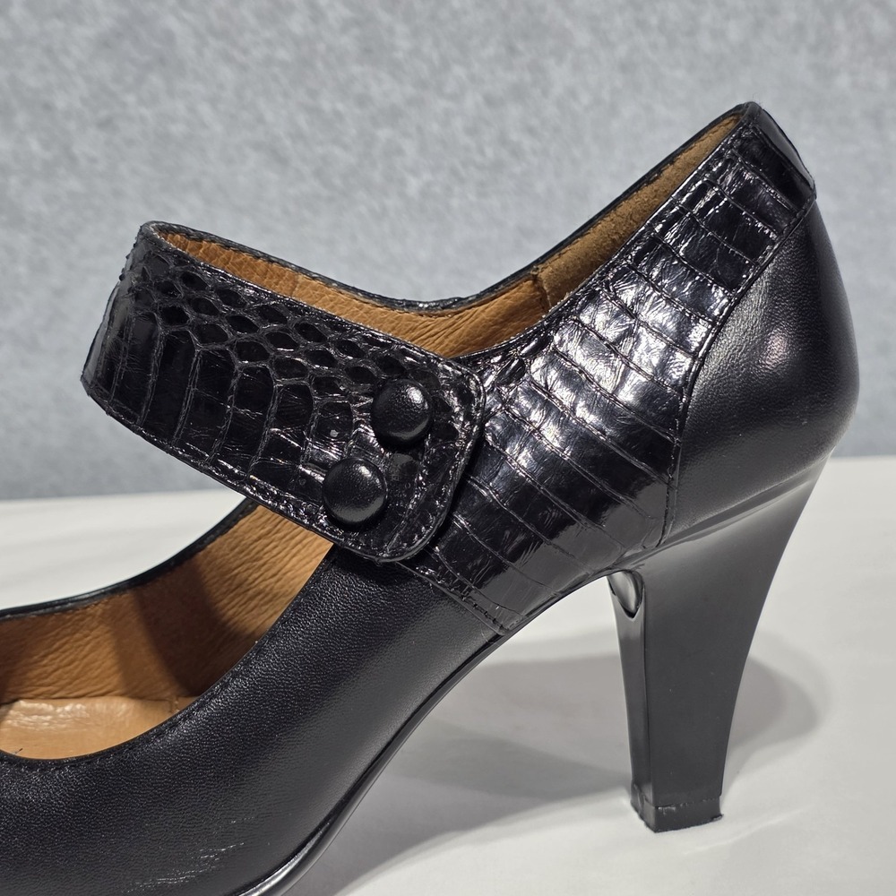 Söfft Women's Black Leather Croc Mary Jane Peep Toe Block Heel, US 7 - Picture 3 of 13